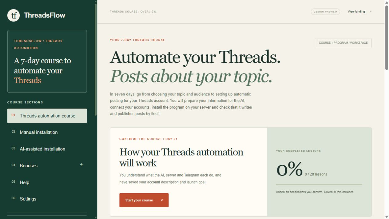 ThreadsFlow course workspace with seven days of written lessons and practical checkpoints